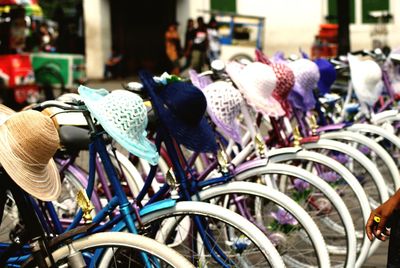 Close-up of bicycles on street