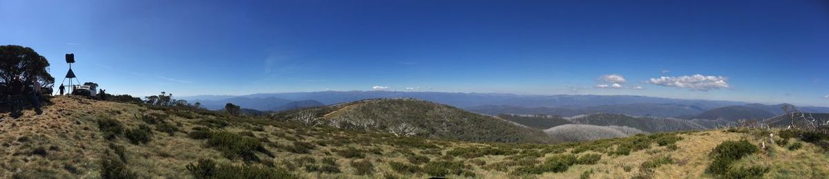 Panoramic view of landscape and mountains against blue sky