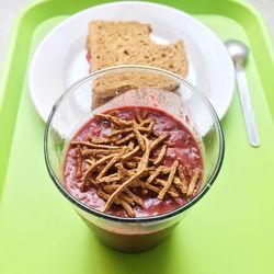 High angle view of noodles in bowl on table