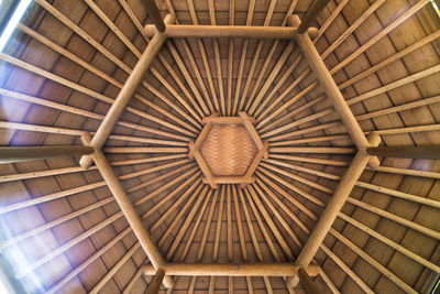Hexagonal shape of a wicker and bamboo roof of the gazebo roof located on the mejiro garden lake.