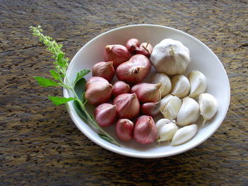 High angle view of fruits in bowl on table