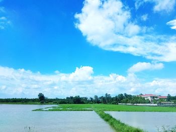 Scenic view of river against cloudy sky