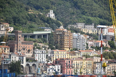 High angle view of buildings in city