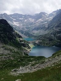 Scenic view of lake and mountains against sky