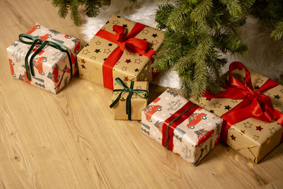 High angle view of christmas presents on table