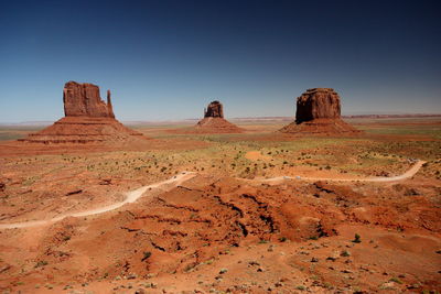 Scenic view of monument valley against clear blue sky