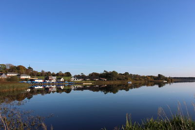 Scenic view of lake against clear blue sky