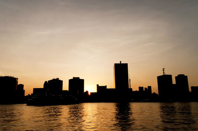 Sunset over river with buildings in background