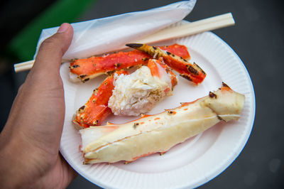 Close-up of hand holding food in plate