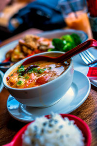 Close-up of soup in bowl on table