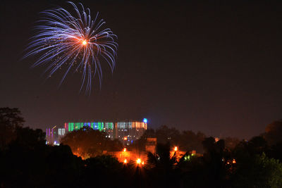 Low angle view of firework display in sky at night