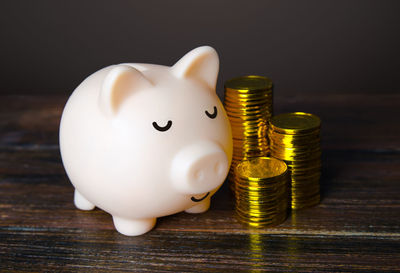 Close-up of coins on table