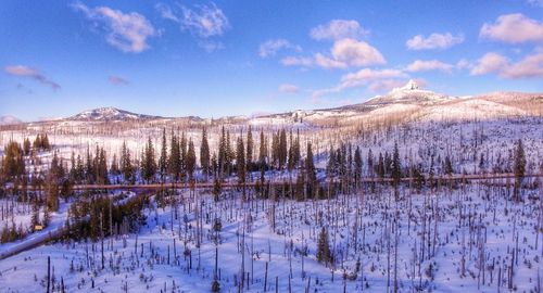 Scenic view of snow covered mountains against sky