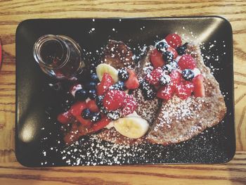 High angle view of dessert on table