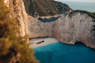 Scenic view of rocky mountains and sea