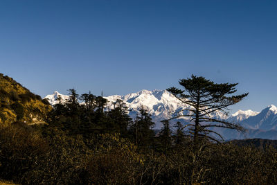 Scenic view of snowcapped mountains against clear sky