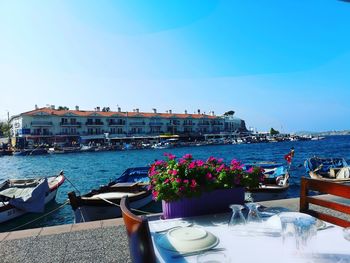 Scenic view of sea by canal against clear sky