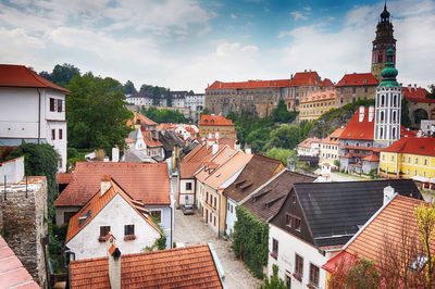 High angle view of buildings in town against sky