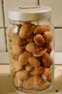 Close-up of ice cream in jar on table