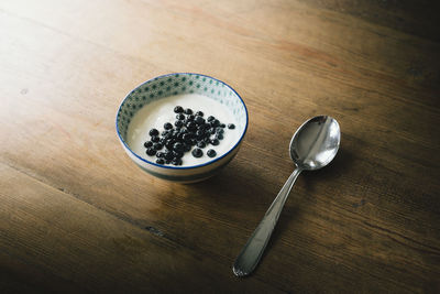 High angle view of breakfast on table