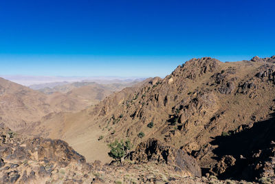 Scenic view of mountains against clear blue sky