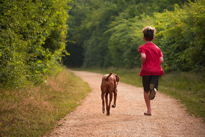 Rear view of boy running with dog amidst plants