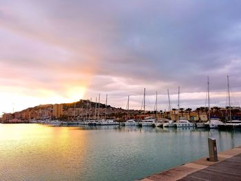 View of harbor at sunset