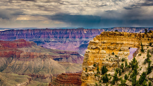 Panoramic view of rock formations against cloudy sky