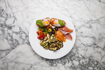 High angle view of food in plate on table