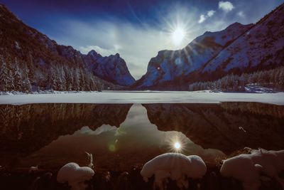 Panoramic view of lake and mountains against sky during winter