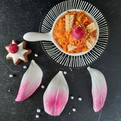 High angle view of breakfast served on table