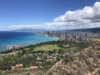 High angle view of sea and buildings against sky