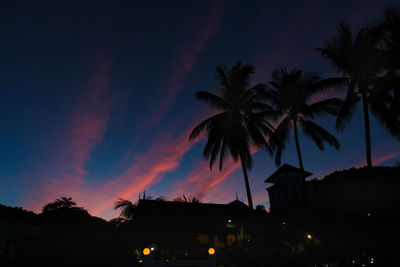 Low angle view of silhouette palm trees against sky at night