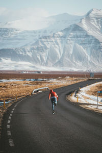 Rear view of person on snowcapped mountain