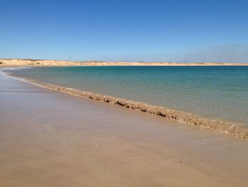 Scenic view of sea against clear blue sky