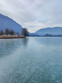 Scenic view of lake and mountains against sky