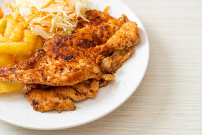 High angle view of food in plate on table