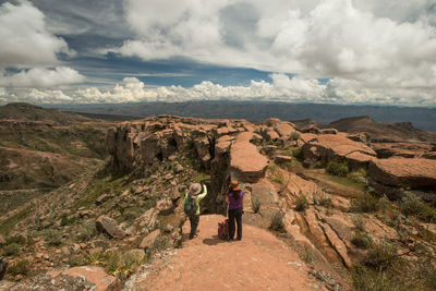 Rear view of man looking at mountain against sky