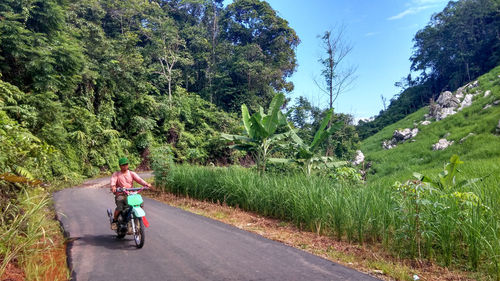 Rear view of man cycling on road against sky