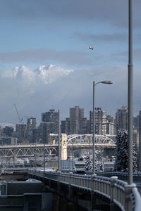 View of city buildings against cloudy sky