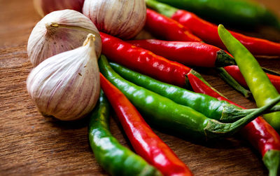 Close-up of chili peppers on table