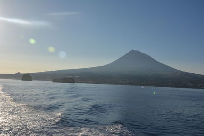 Scenic view of sea and mountains against clear sky