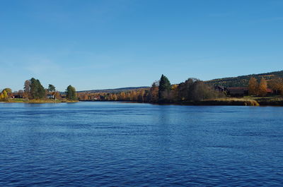 Scenic view of river against clear blue sky