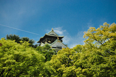 Low angle view of trees and temple building against sky