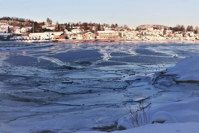 Close-up of frozen river against sky