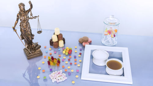 High angle view of coffee cups on table