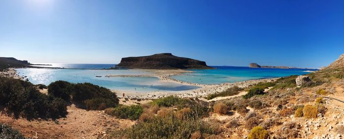 Scenic view of sea against clear blue sky