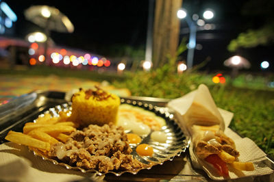 Close-up of food served on table