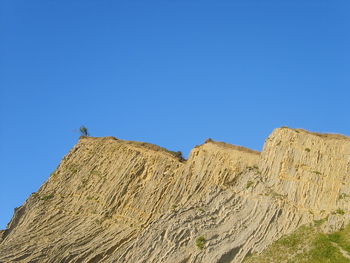 Low angle view of mountain against clear blue sky