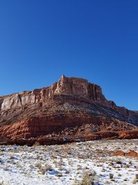 Low angle view of rock formations against clear blue sky